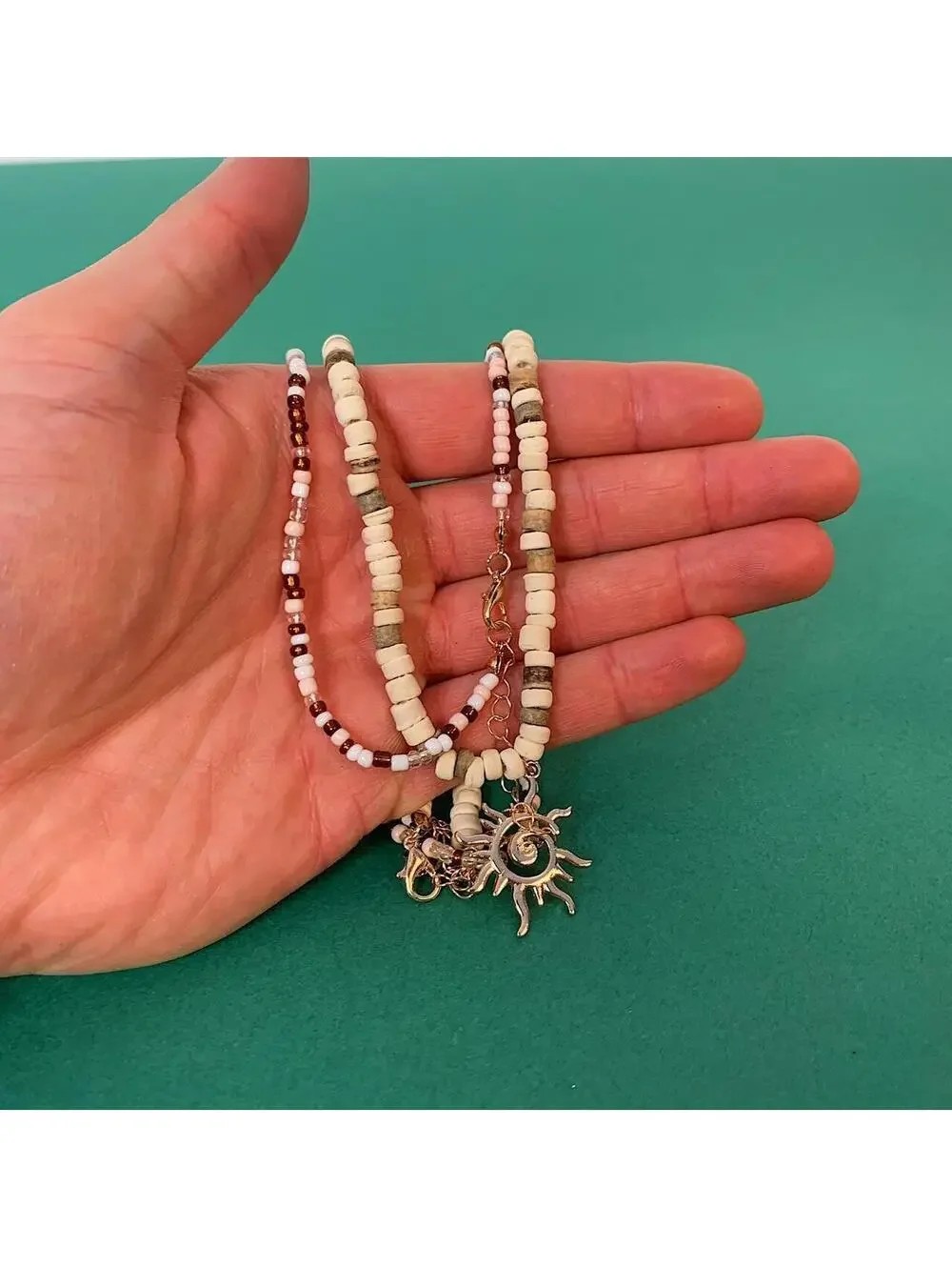 Y2k 2000s style Wood Beaded double layer Necklace with Cyber Star Sun Pendant